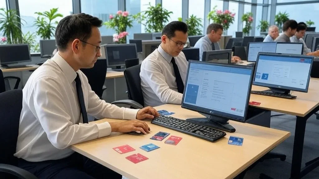 A modern bank office with staff using desktop PCs for pre-approval tools, colorful credit cards on tables, lush green plants, bright flowers, and a blue sky through a skylight, highlighting pre-approval tools are your shortcut