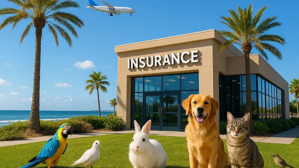 Real-Time AI Claim Approval for Pet Insurance Modern insurance office with a coastal view, featuring real-time AI claim approvals for pet insurance, surrounded by palm trees, an airplane, and friendly pets like a parrot, white rabbit, dog, cat, and birds.