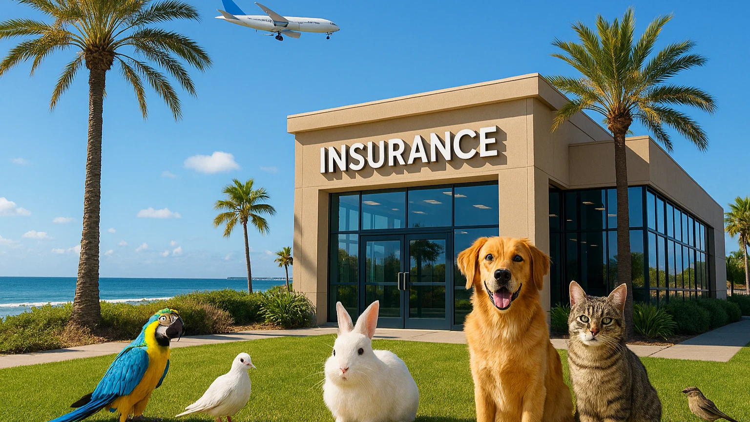 Modern insurance office with a coastal view, featuring real-time AI claim approvals for pet insurance, surrounded by palm trees, an airplane, and friendly pets like a parrot, white rabbit, dog, cat, and birds.