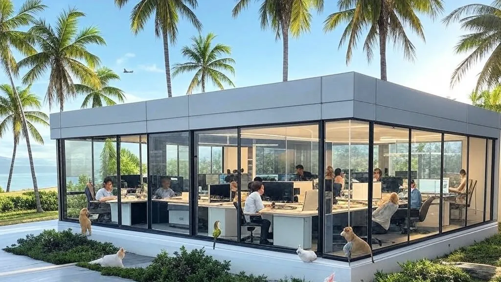 Modern insurance office with coconut trees , featuring real-time AI claim approvals for pet insurance, with friendly pets like dogs, cats, rabbits, parrots, and birds under a blue sky and showcasing benefits for pet owners.