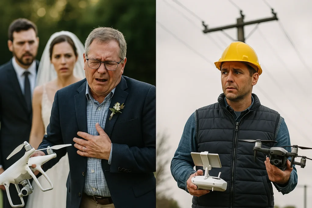Split image showing real-life drone accidents—left, a wedding guest injured by a rogue drone; right, a utility worker dealing with a drone crash near power lines