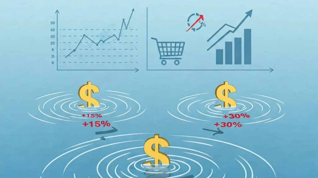 Conceptual illustration of rising insurance premiums. Gold dollar symbol sinking into water, creating labeled ripples (+15%, +30%, +50%). Background shows rising inflation indicators: price chart, shrinking shopping cart, and upward arrow."