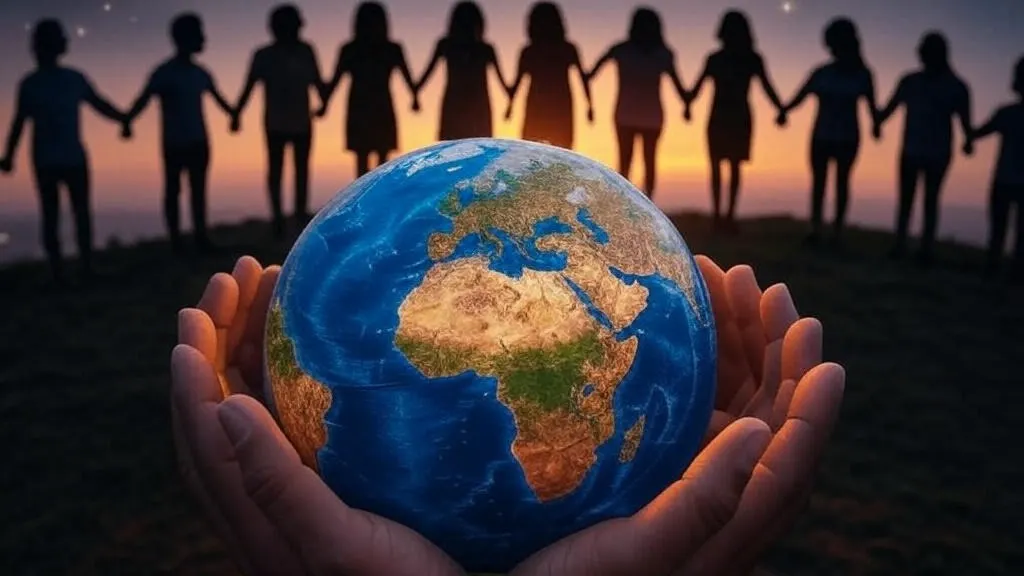 Hands cradling a globe with diverse silhouettes holding hands under a sunset sky with stars, symbolizing Social Benefits of Planet-First Policie