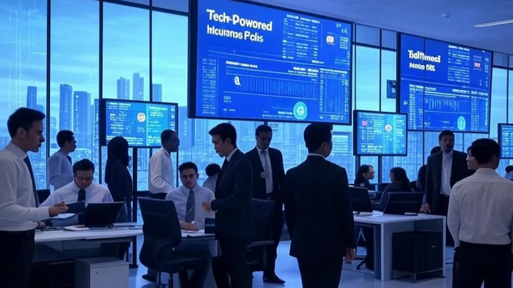 Tech-powered insurance picks displayed on screens in a modern trading room with diverse professionals analyzing AI-driven data and charts