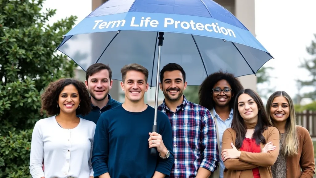 A diverse group of young adults standing under an umbrella labeled “Term Life Protection,” symbolizing financial security and coverage