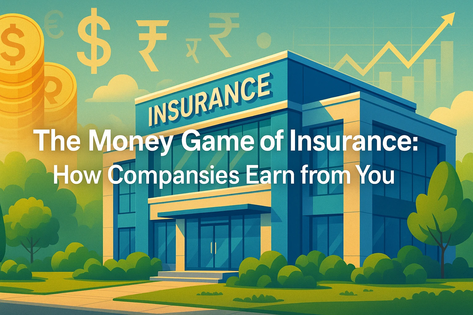 The Money Game of Insurance: How Companies Earn from You – modern insurance office with currency symbols, coins, and financial graphs in the background