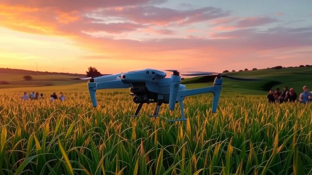 Vibrant wheat field at sunset with a blue drone about to crash, humans watching from afar highlighting The Risks of Flying Without Coverage in a stunning landscape.
