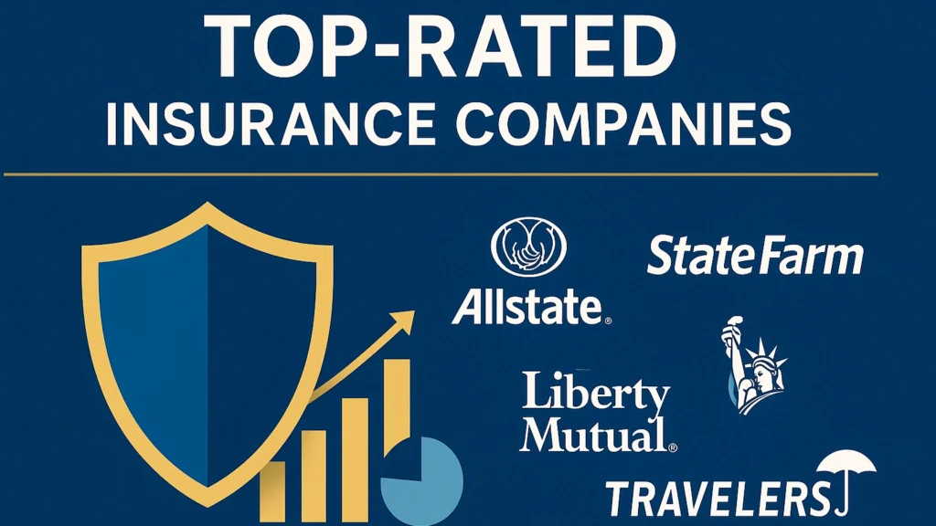 A professional landscape infographic showcasing the top-rated insurance companies in the US, featuring a golden shield, financial graphs, and company logos on a blue background.