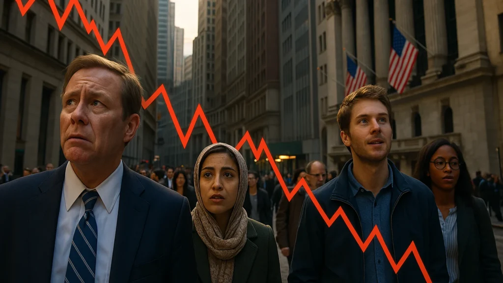 Worried and hopeful Wall Street professionals reacting to Trade War Tremors and market turmoil with a declining red stock chart line.