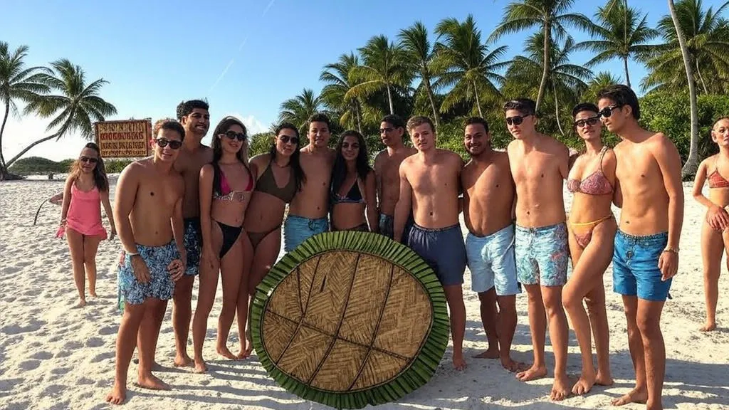 A group of young eco-conscious travelers pose on a tropical beach surrounded by palm trees, holding a large green and straw circular prop symbolizing sustainability.