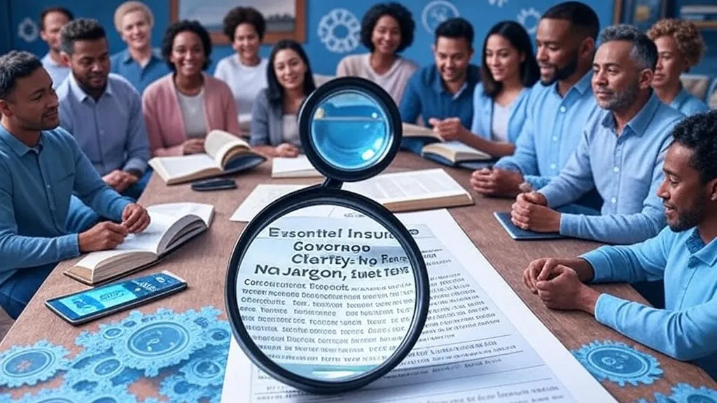 A diverse group of people reviewing insurance documents, with a magnifying glass highlighting a section titled "Types of Coverage What You Need to Know