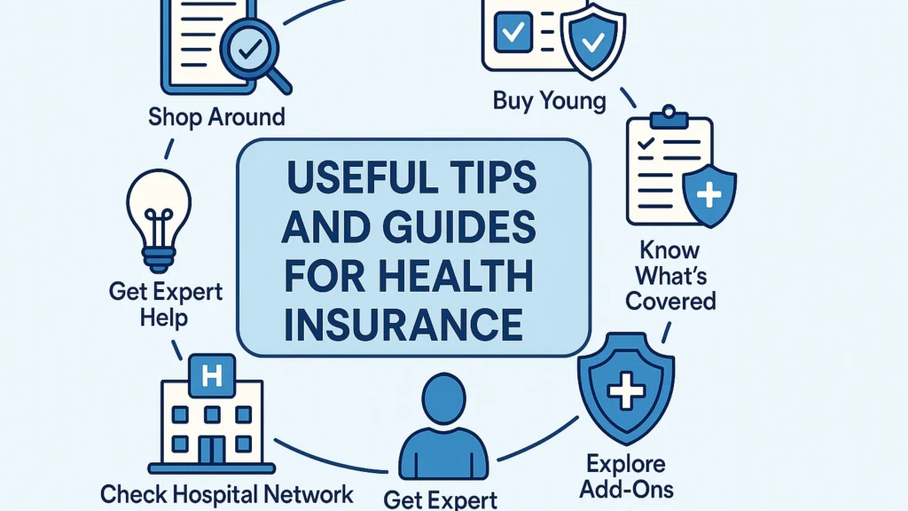 Infographic showing useful tips and guides for analyzing various health insurance plans, including shopping around, buying young, knowing coverage details, and more