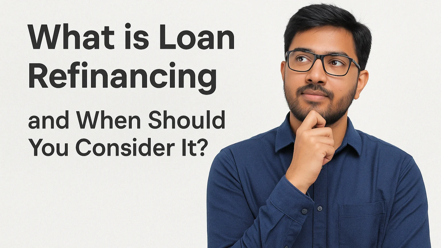 What is Loan Refinancing and When Should You Consider It Thoughtful man beside text asking “What is Loan Refinancing and When Should You Consider It?”, illustrating financial decision-making.