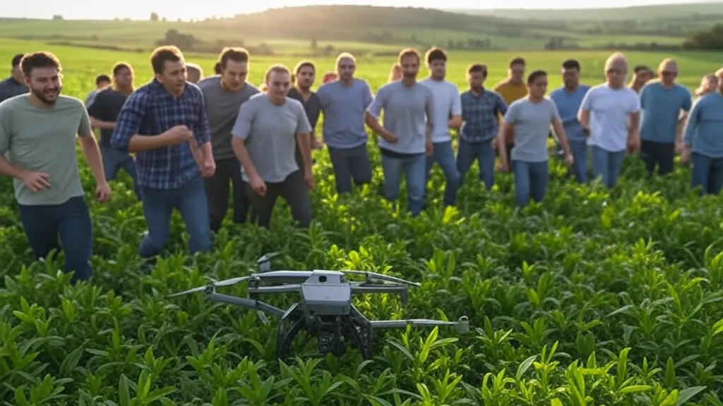 Vibrant agricultural field with a crashed drone, surrounded by excited people rushing to see, highlighting the importance of Who Needs Drone Liability Insurance? for safety and peace of mind under a golden sky