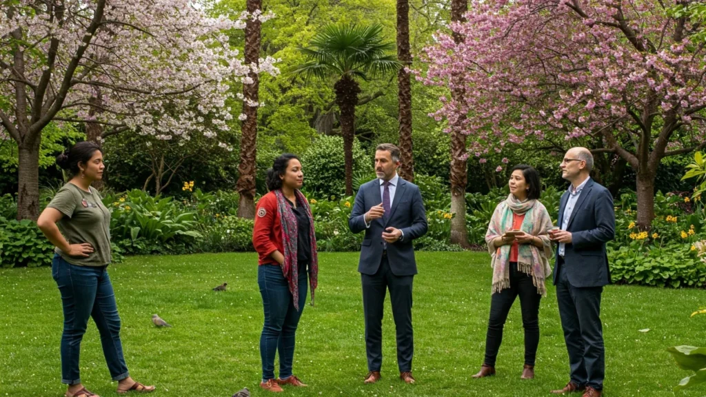 A diverse group of people, including a young woman with short, curly black hair, a middle-aged man in a crisp suit, and an older woman with warm brown eyes and a pearl necklace, are gathered in a lush green garden with palm trees, cherry blossoms, and birds. They are engaged in an animated discussion about "Why ESG Insurance Is Gaining Traction."