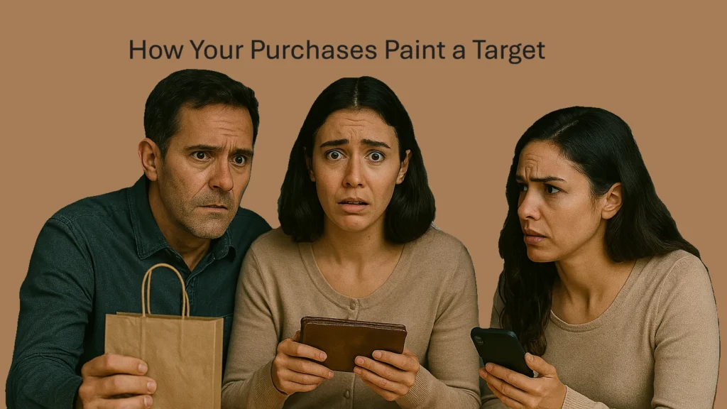 Worried individuals holding a phone and shopping bag in front of a digital target symbol, representing data tracking through purchases