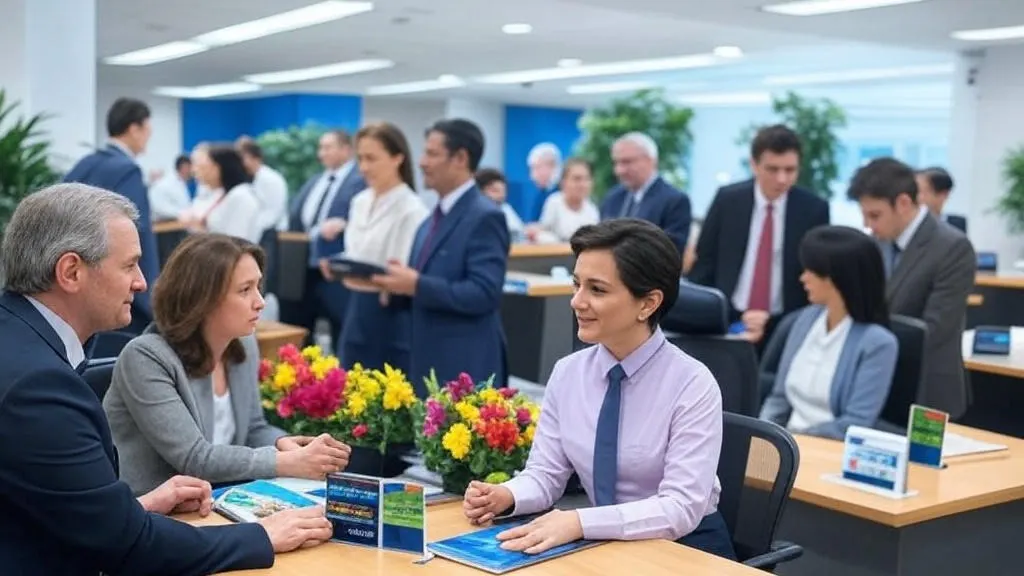A modern bank office with scattered tables and well-dressed staff discussing, colorful credit cards on desks, lush green plants, bright flowers, and a blue sky through a skylight, illustrating how to get a credit card fast and easy in 2025