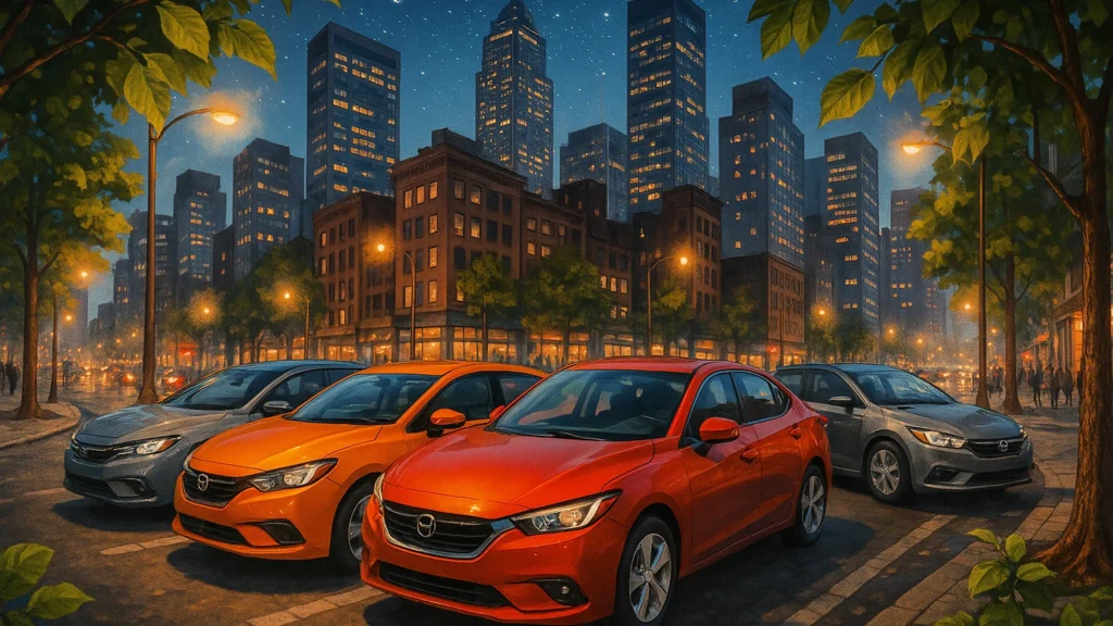 Modern cars in various colors parked on a busy city street at dusk, surrounded by green leaves, with skyscrapers and stars in the background.