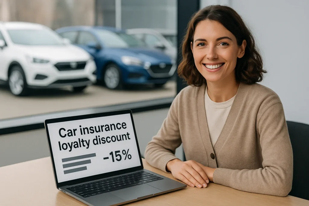 Smiling woman at desk with laptop showing "Car Insurance Loyalty Discount" and three parked cars in white, blue, and grey behind her.