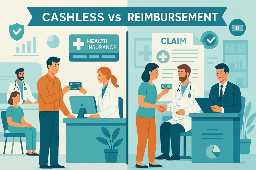 Illustration comparing cashless vs reimbursement health insurance claim processes with doctors, patients, and medical staff in a hospital setting