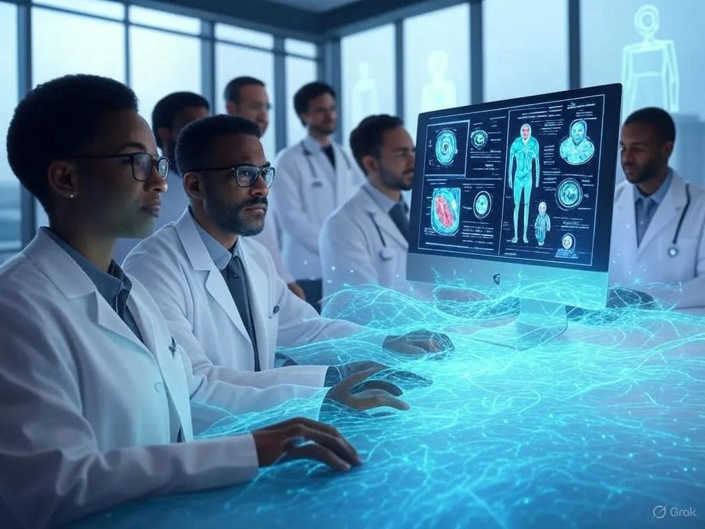 Healthcare professionals analyzing holographic health charts with glowing data streams, showcasing Benefits of AI in Healthcare.