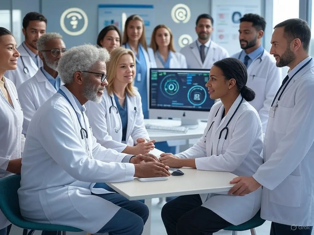 Diverse healthcare professionals in a modern office discussing AI technology, highlighting Ethical AI in Healthcare: Benefits & Risks.
