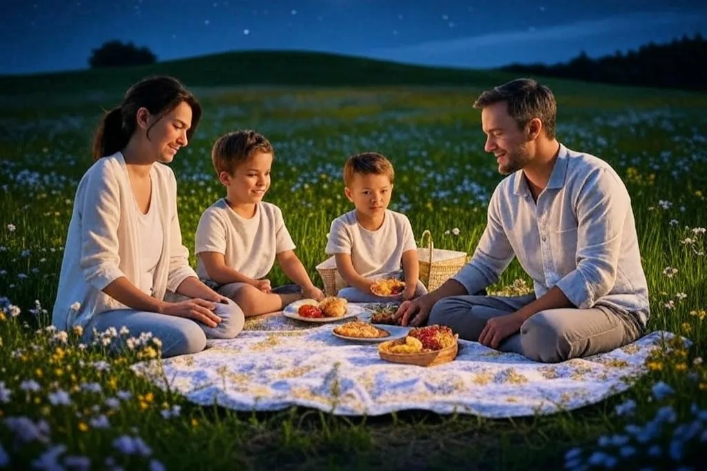 A family enjoying a picnic in a meadow under a starry sky, symbolizing life without no life insurance and a secure future with colorful flowers around.