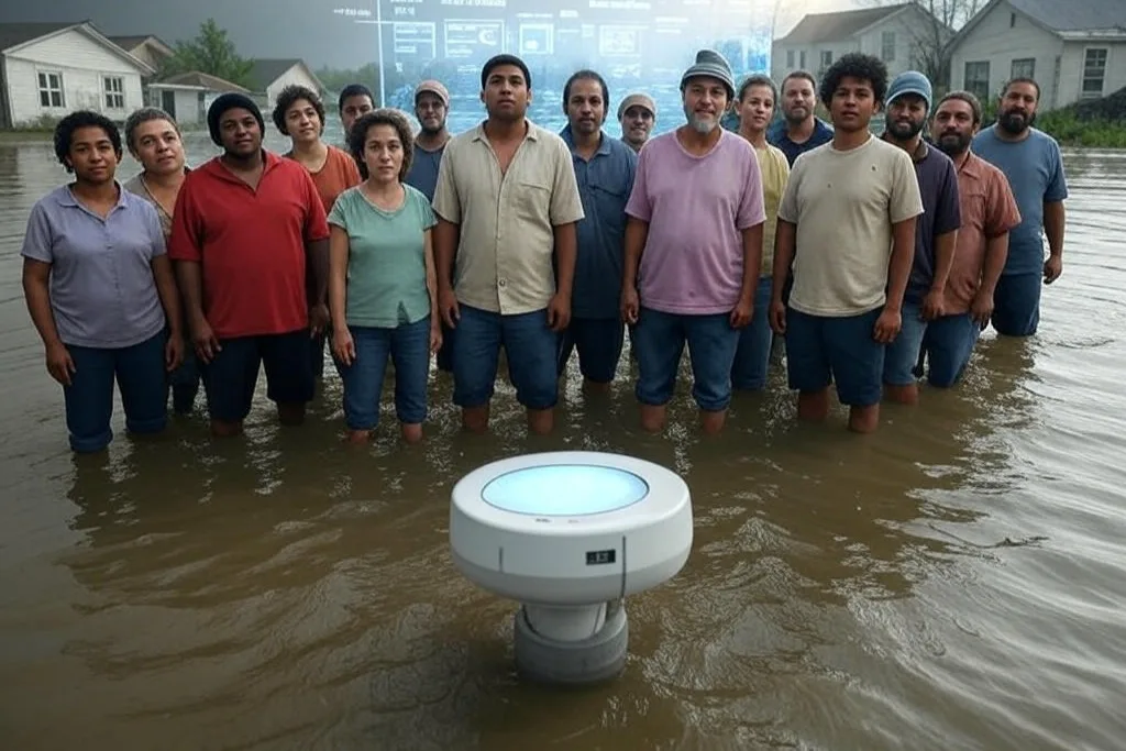 A diverse group of people standing in a flooded area with a weather sensor and holographic data display, illustrating parametric insurance in 2025 transforming disaster recovery.
