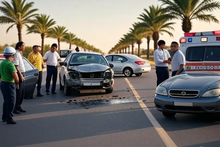 How to Claim Car Insurance After an Accident showing damaged cars, people discussing the incident, and an ambulance on a palm-lined road.